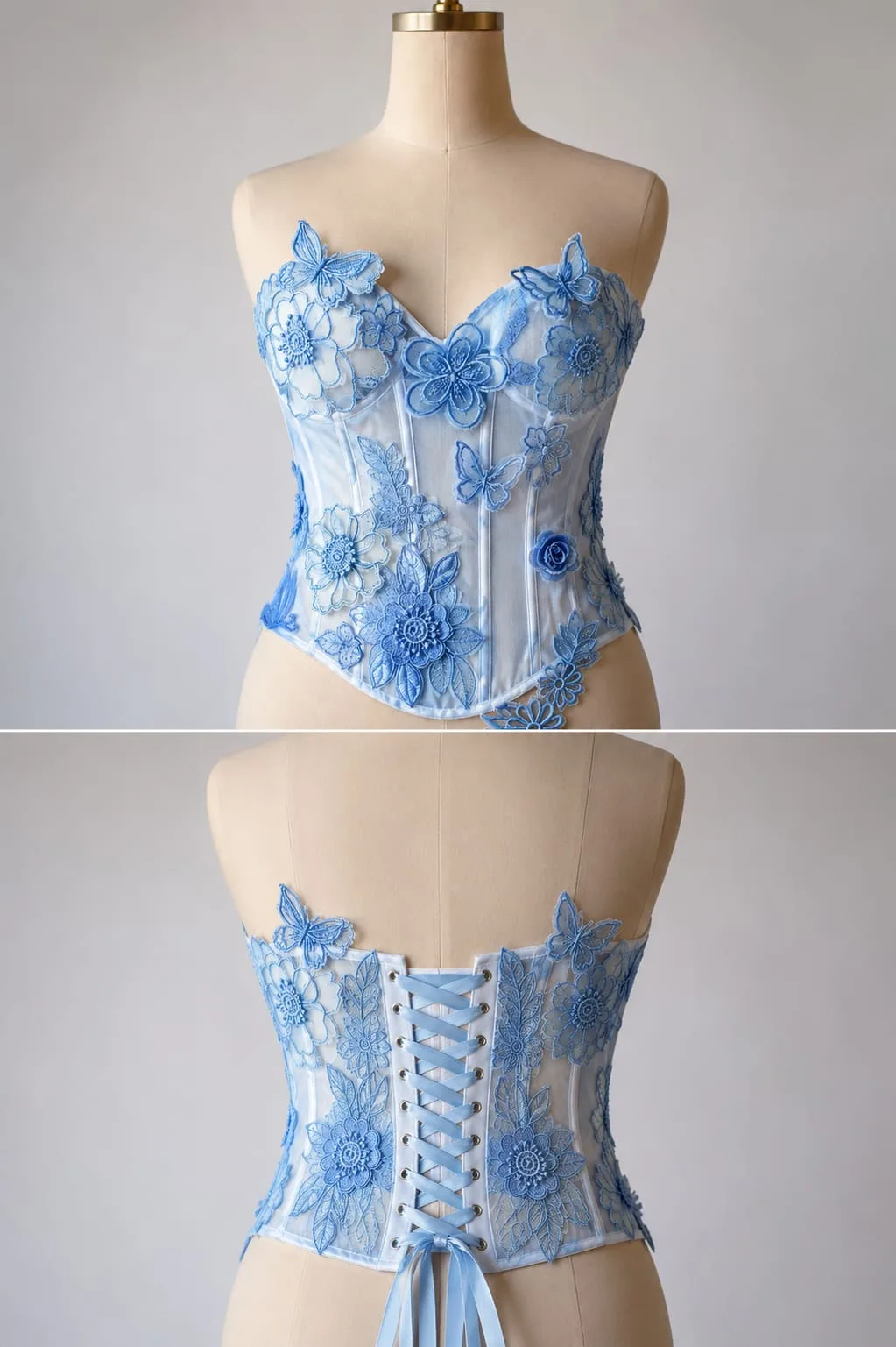 Blue floral corset shown from the front and back