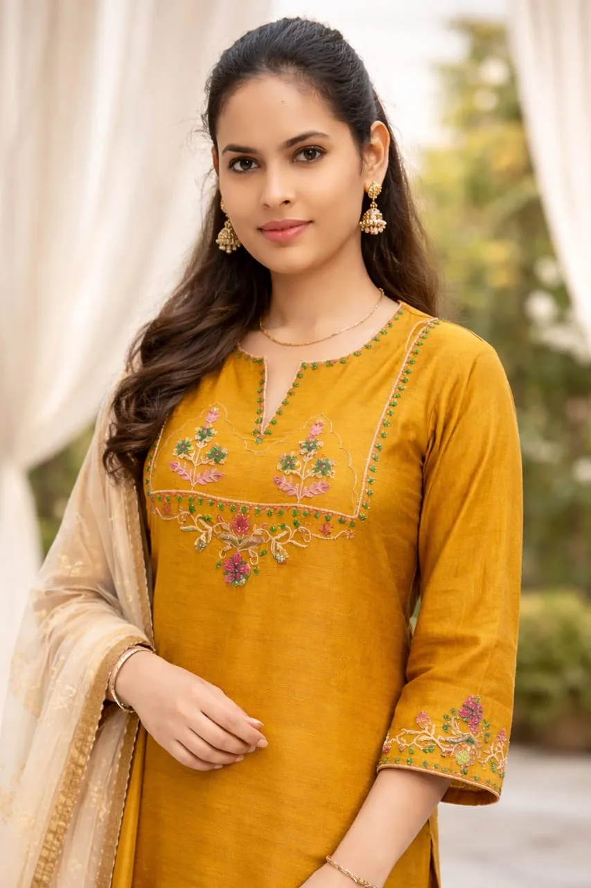 Mustard Floral Kurti Set