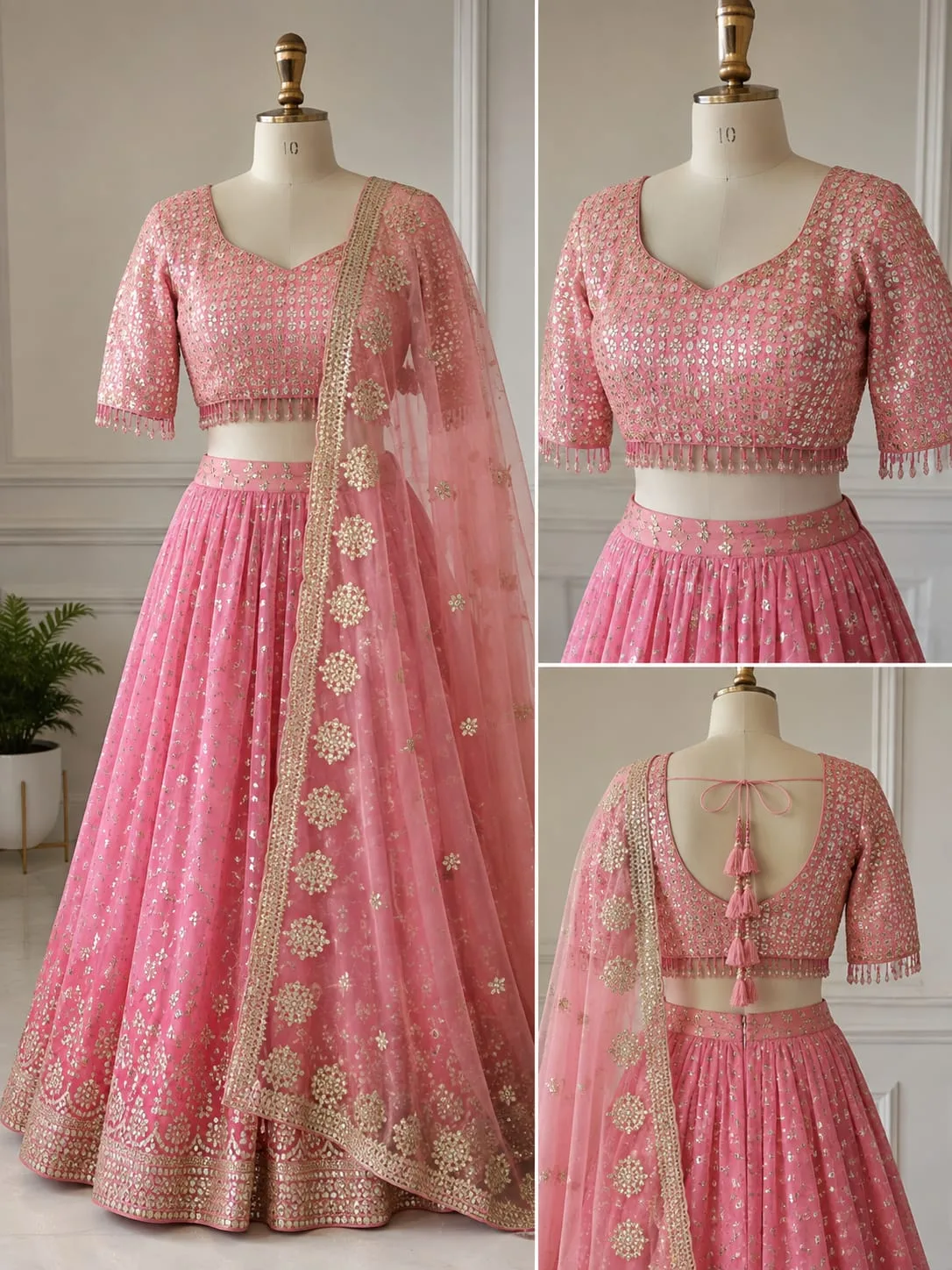 Pink embellished lehenga with detailed blouse views
