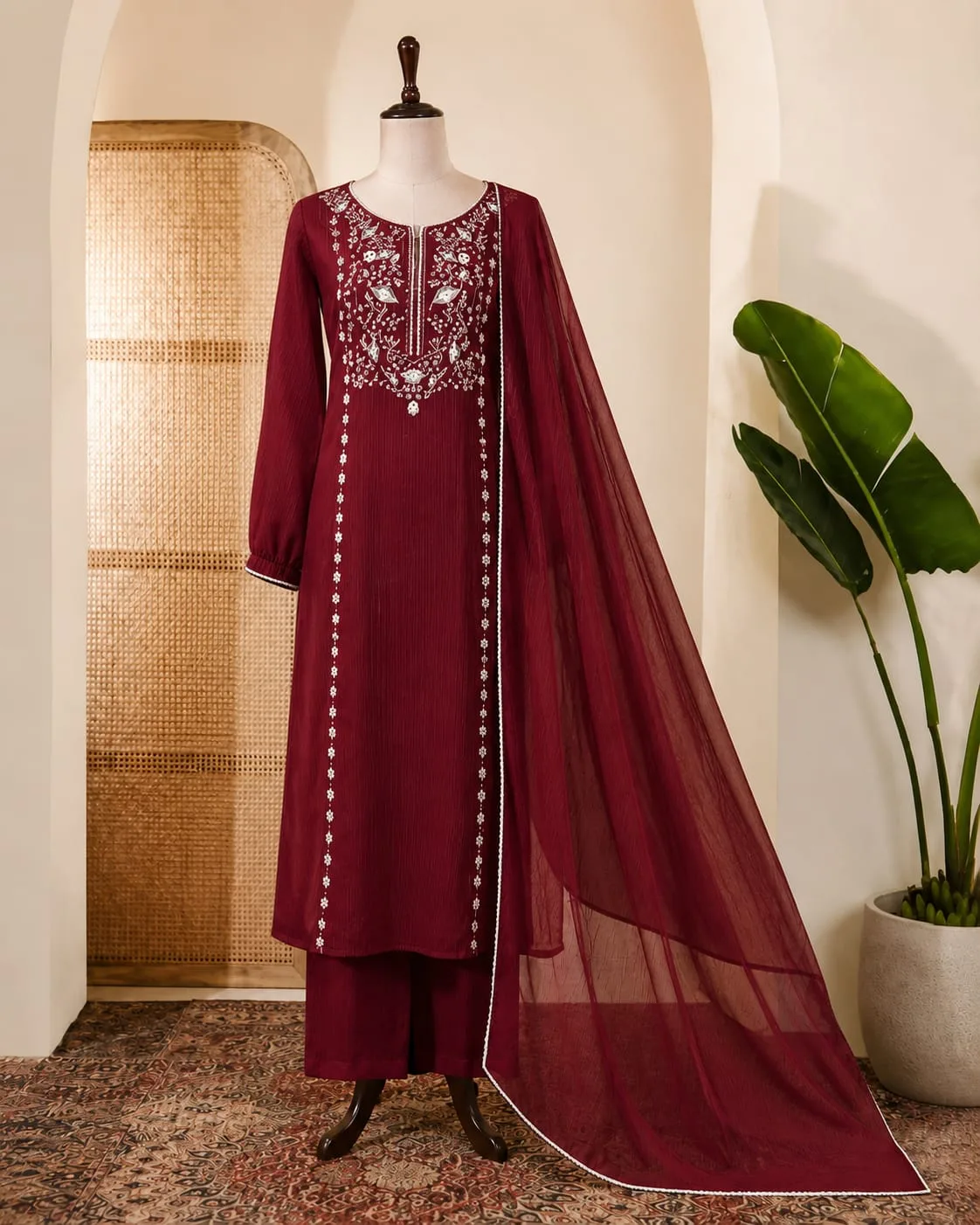 Wine Embroidered Suit
