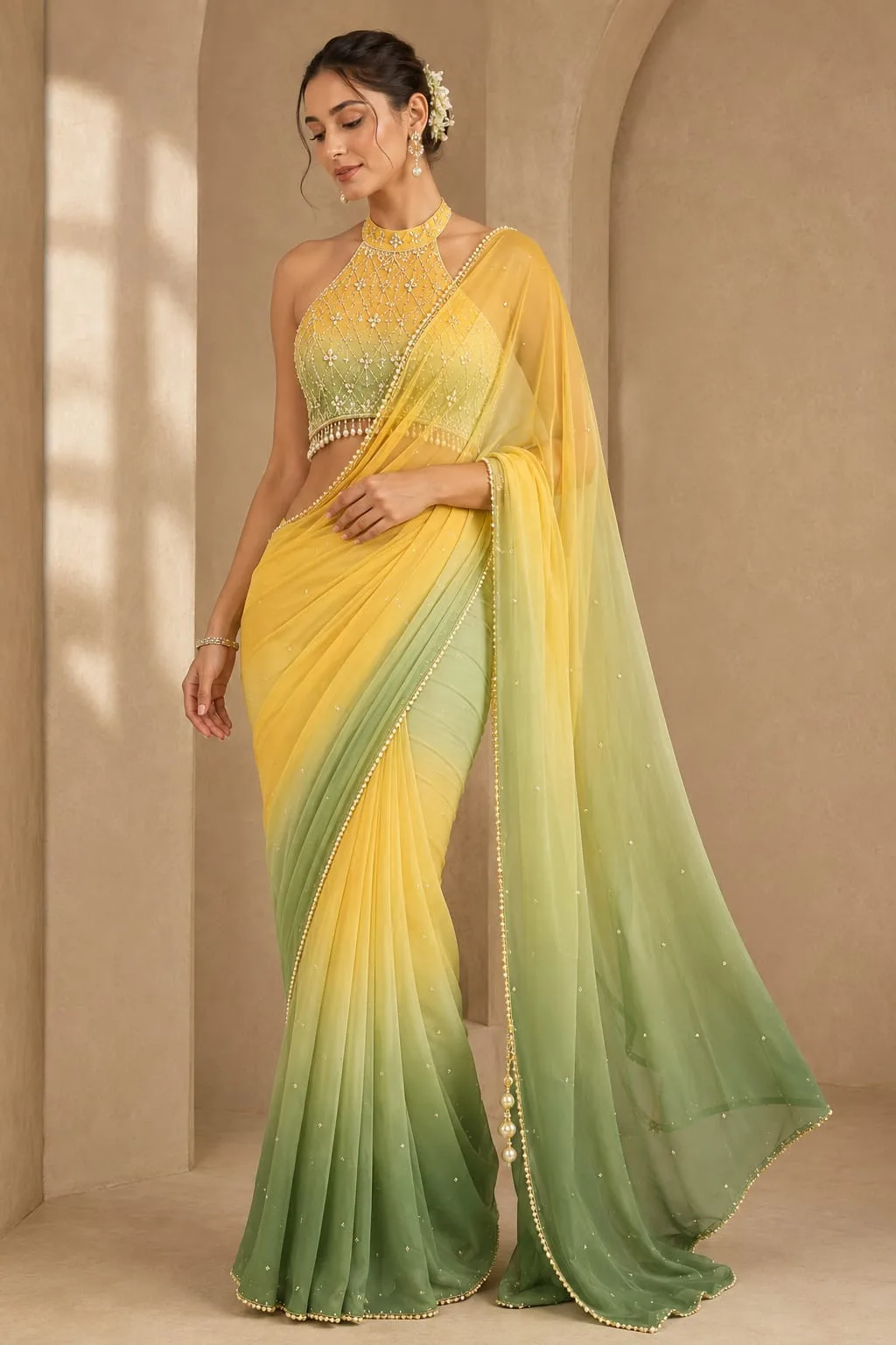 Yellow & Sage Ombré Saree